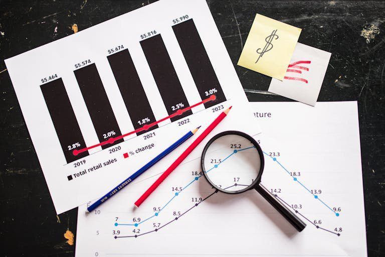 Charts and graphs highlighting retail sales growth, utilizing a magnifying glass for detail.