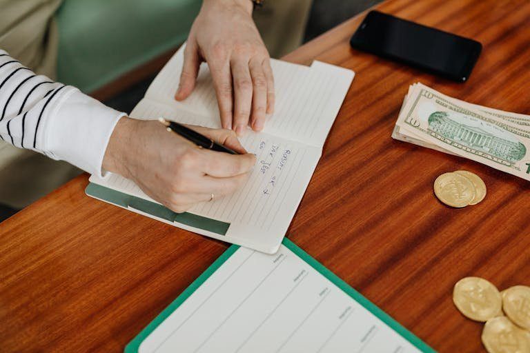 Person writing in a notebook on a wooden table with cash, coins, and a phone nearby.