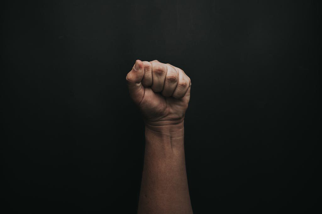 A powerful image of a raised fist against a dark background, symbolizing strength and unity.